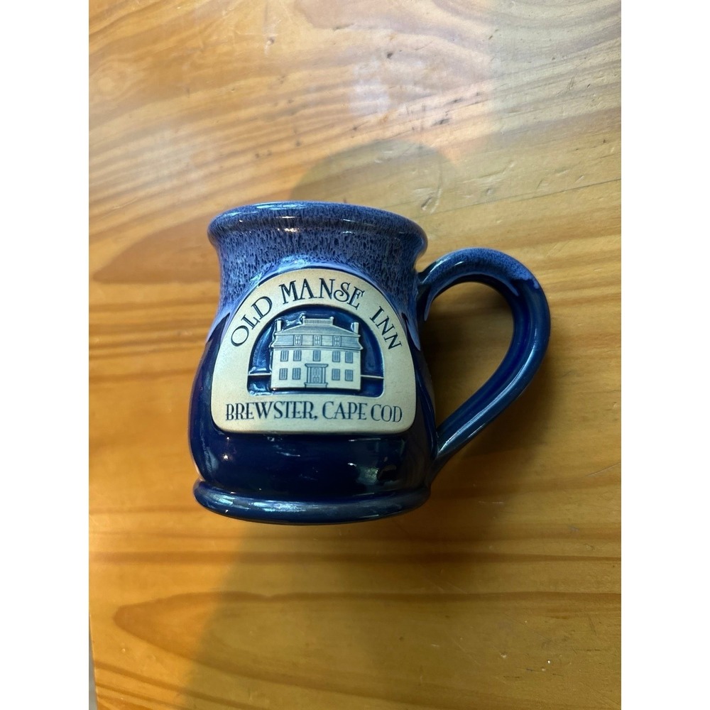 Deneen Pottery Old Manse Inn Brewster Cape Cod Blue Coffee Mug Drip Glaze Blue